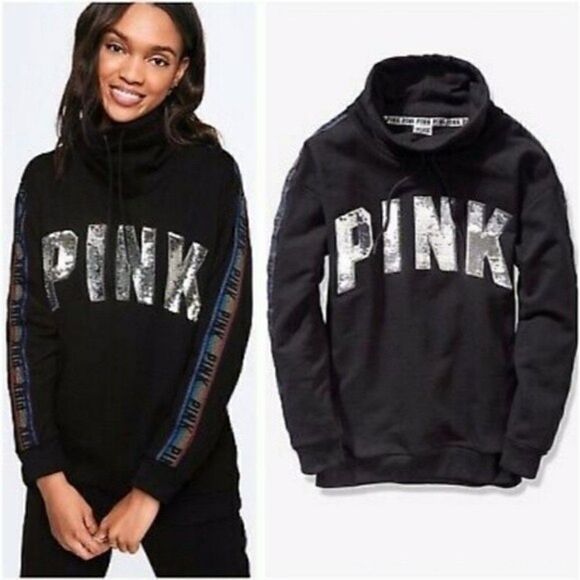 PINK Victoria's Secret Bling Logo Cowl Neck Rainbow Sleeve Sweatshirt Black XS - Picture 1 of 10
